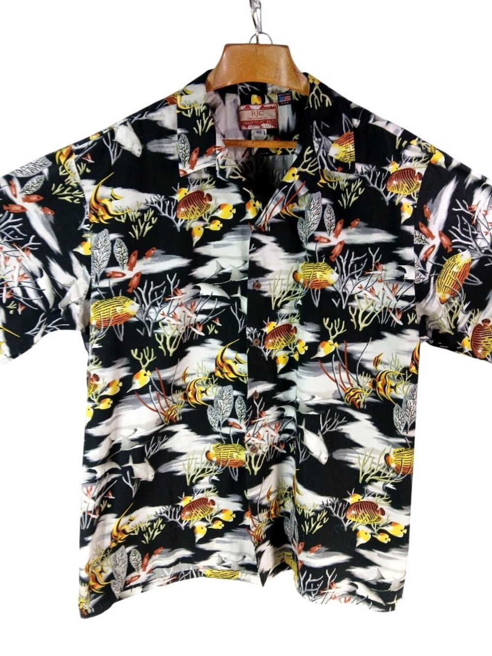 RJC Mens Hawaiian Shirt Size 4X Black Tropical Angel Fish Coral Made Hawaii USA